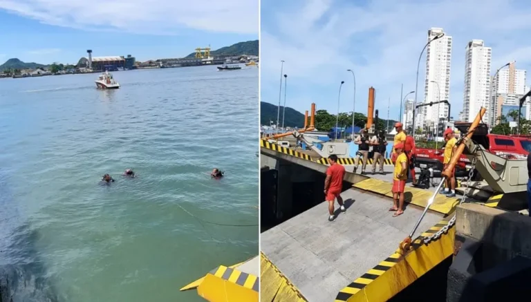 Carro cai entrada da travessia de balsas entre Santos e Guarujá (Foto: GBMar/Divulgação)