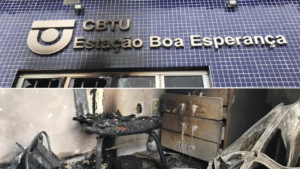 Criminosos ateiam fogo em estação de trem em Natal (Foto: Lucas Cortez/Inter TV Cabugi)