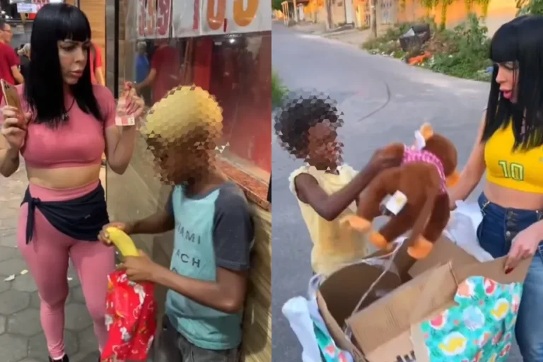 Influencers entregam banana e macaco de pelúcia para crianças negras e publicam em redes sociais Foto: Reprodução/Redes Sociais/TAG Notícias)