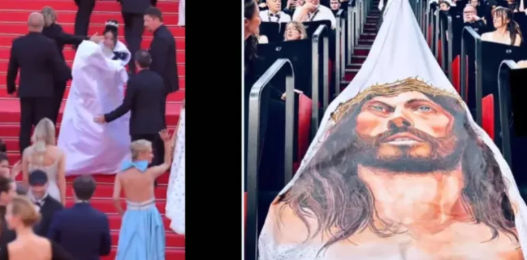 Atriz é retirada do tapete vermelho de Cannes após exibir vestido com rosto de Jesus (Foto: Reprodução)